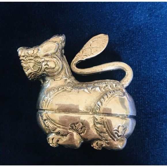 Vintage Asian Silver Tiger Hare Shape Trinket Jewelry Box Chinese Zodiac Rabbit